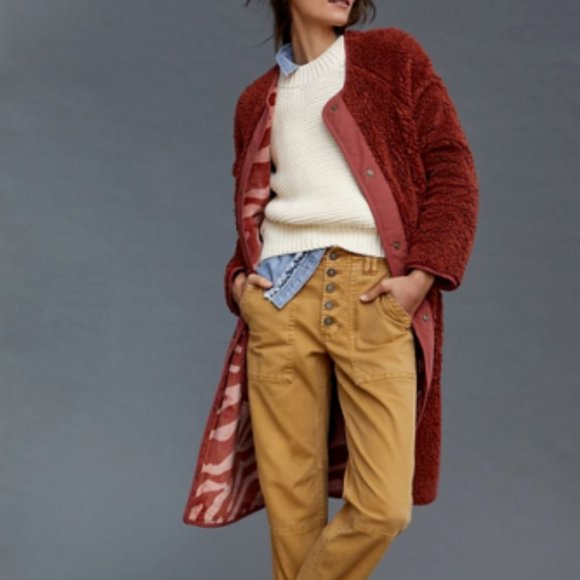 Anthropologie S NWT Margot Reversible Sherpa Coat Jacket Terra Cotta Burgundy